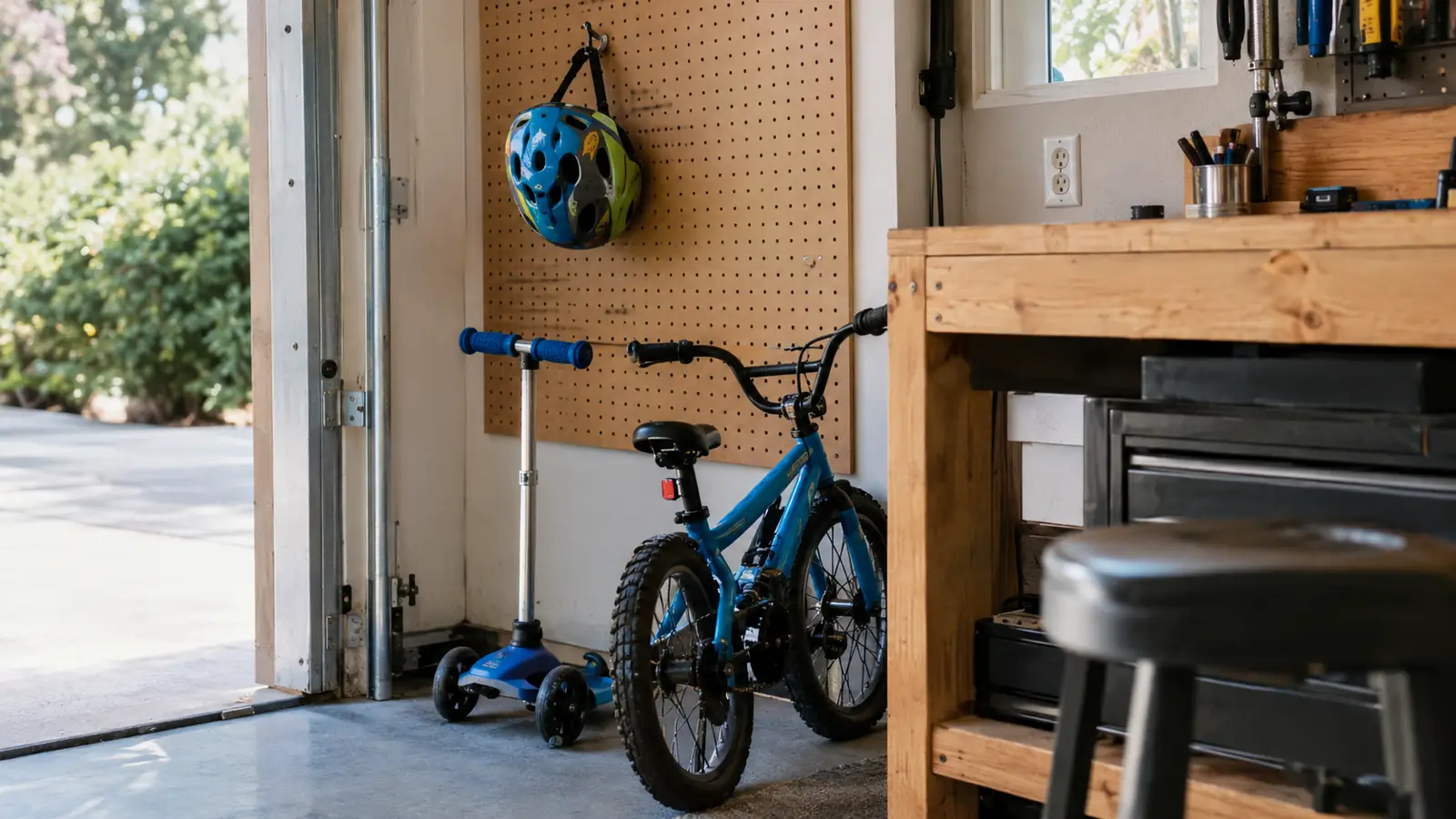 A kids helmet hangs on a pegboard hook next to a small scooter in a garage