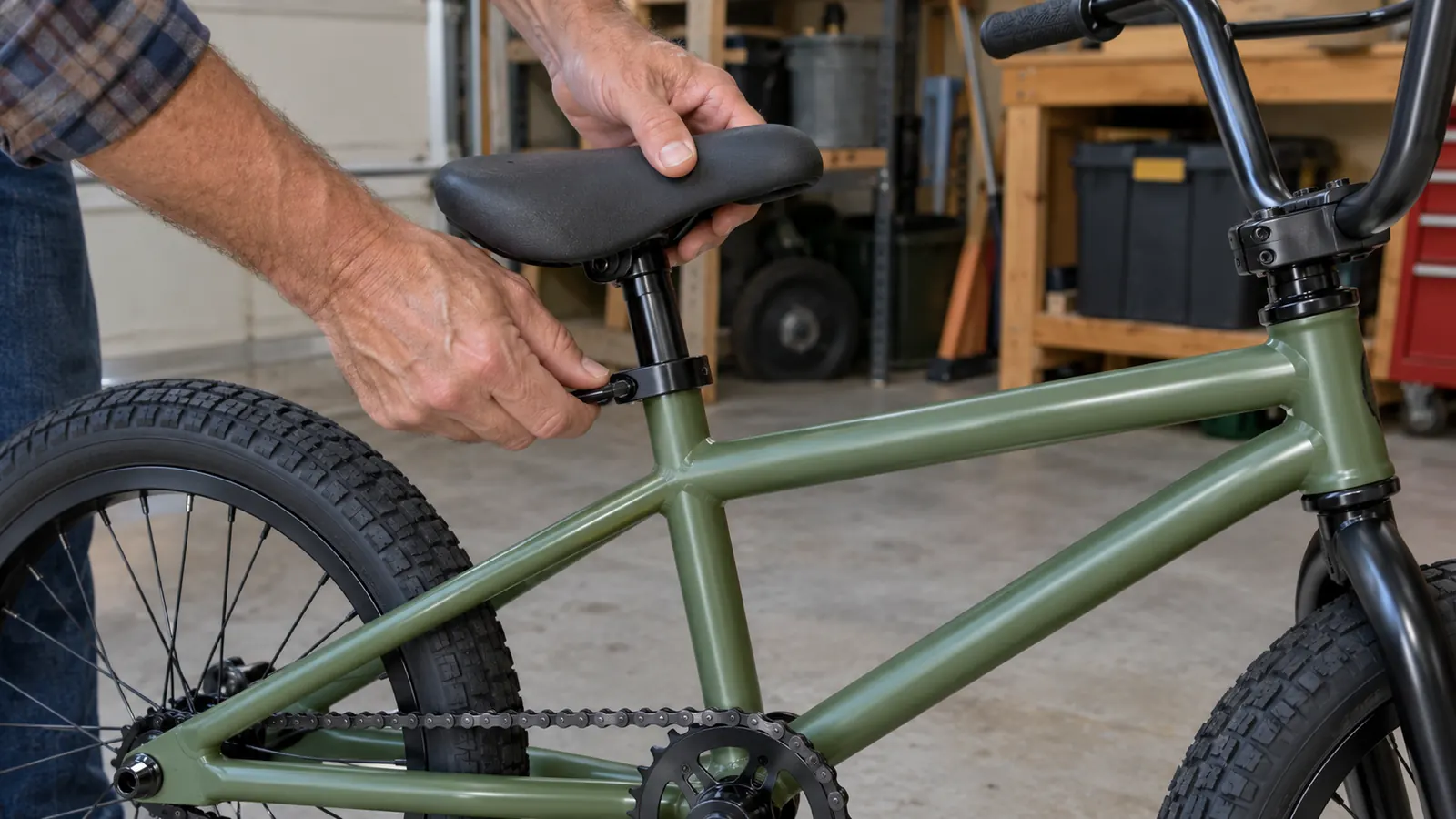 An adult setting the seat height on a 20-inch kids BMX bike