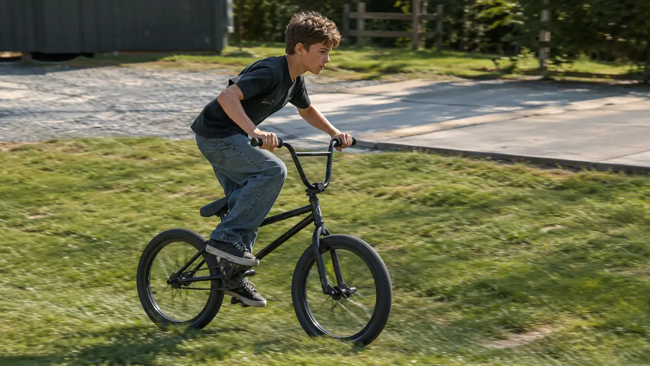 A boy riding a BMX bike across a flat grass yard with a gravel driveway nearby