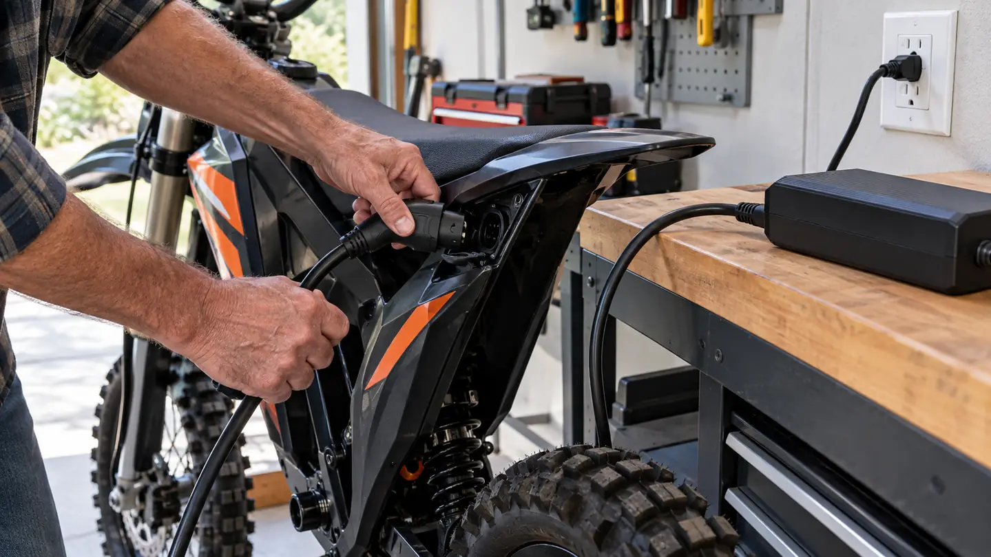An adult plugging the charger into an electric dirt bike beside a garage workbench