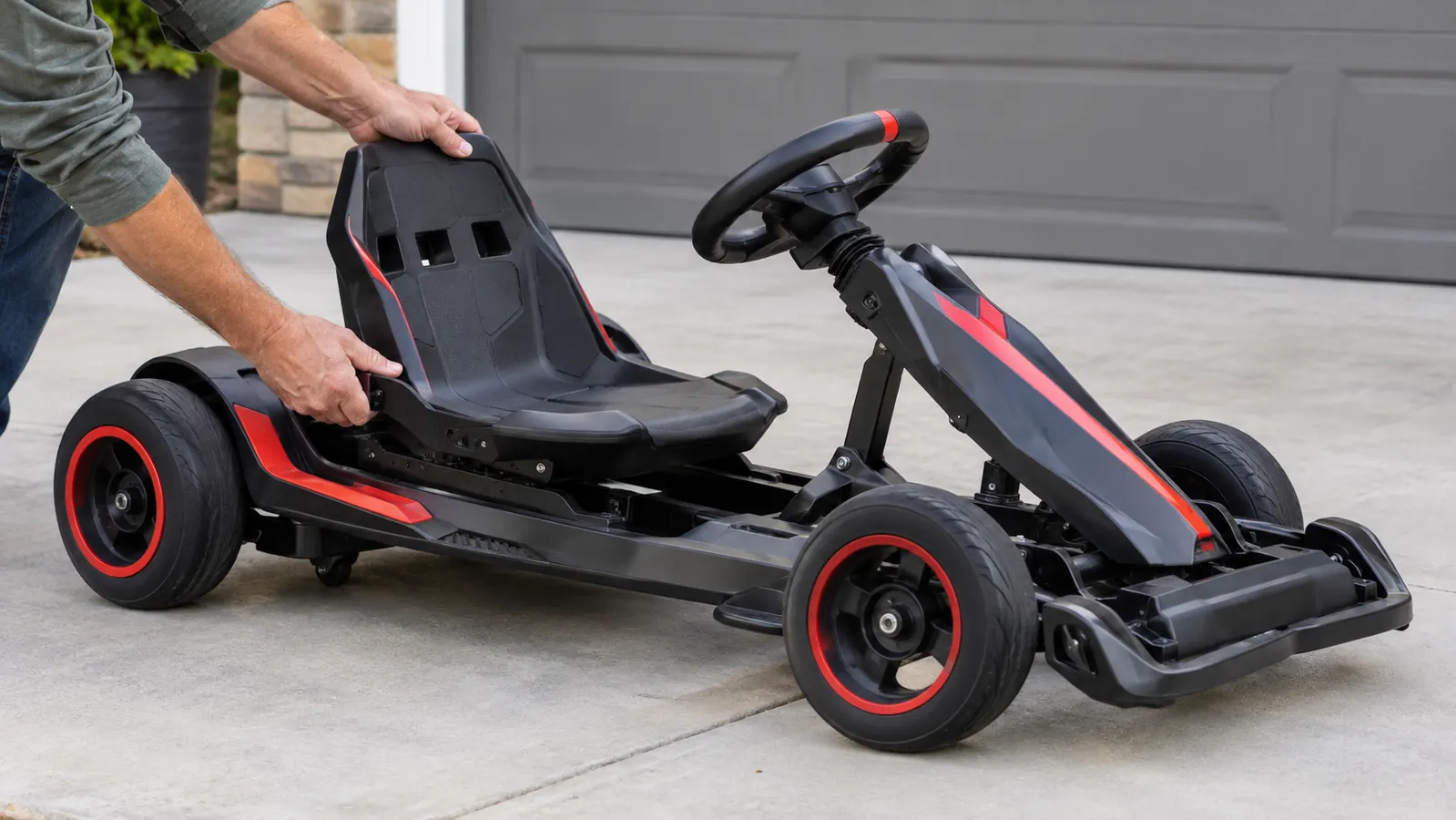An adult adjusting the seat on an electric drifting go kart on a concrete pad
