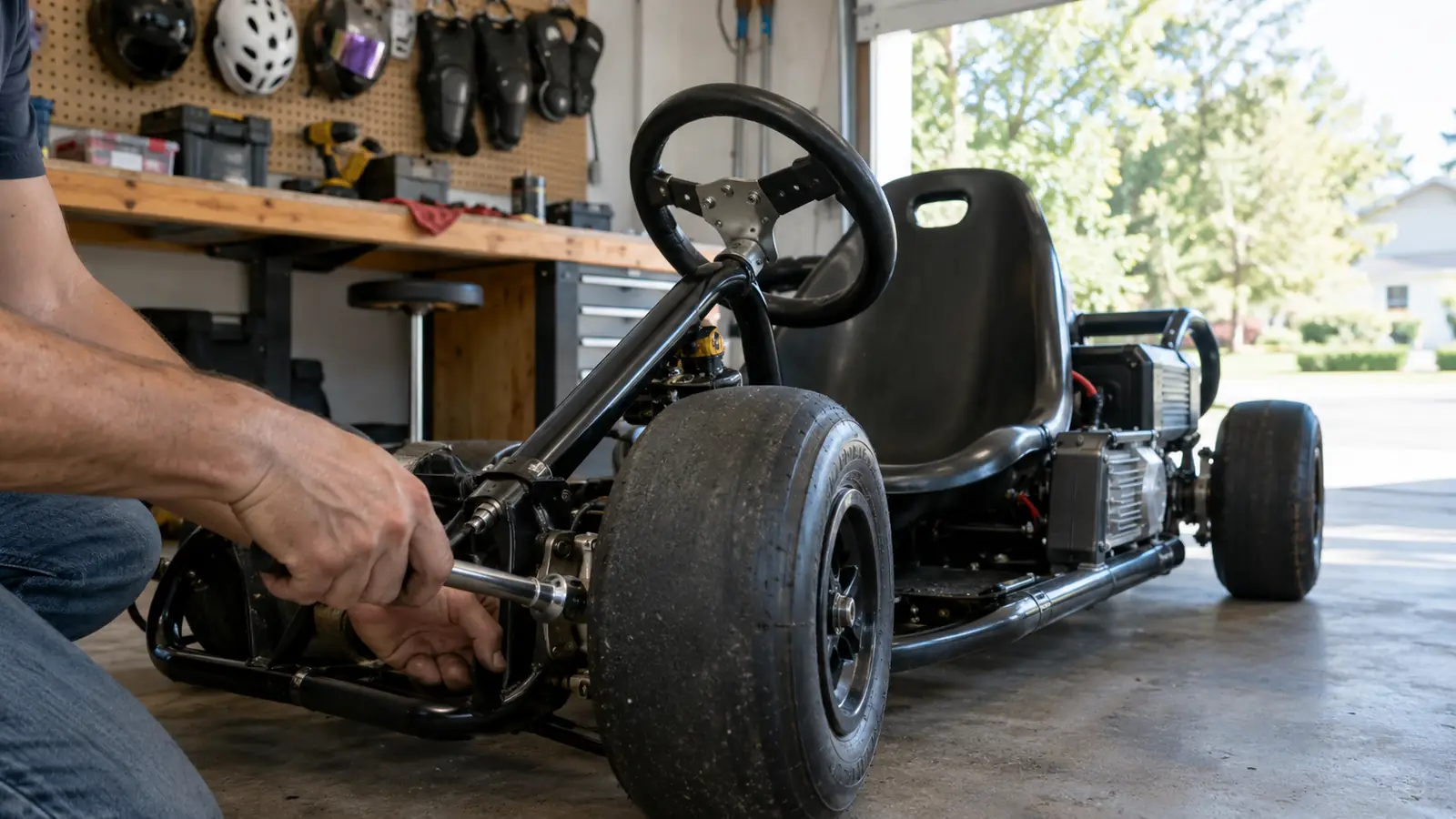 An adult tightening a bolt on an electric go-kart in a garage, with the kart on the concrete floor