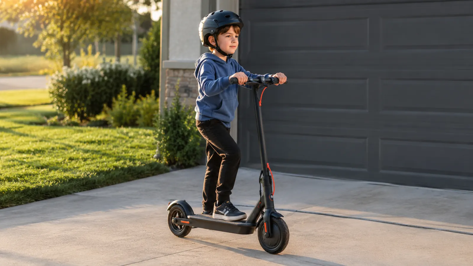 A child in a helmet and closed-toe shoes standing on an electric scooter with one foot on the deck and hands on the handlebar, ready to push off