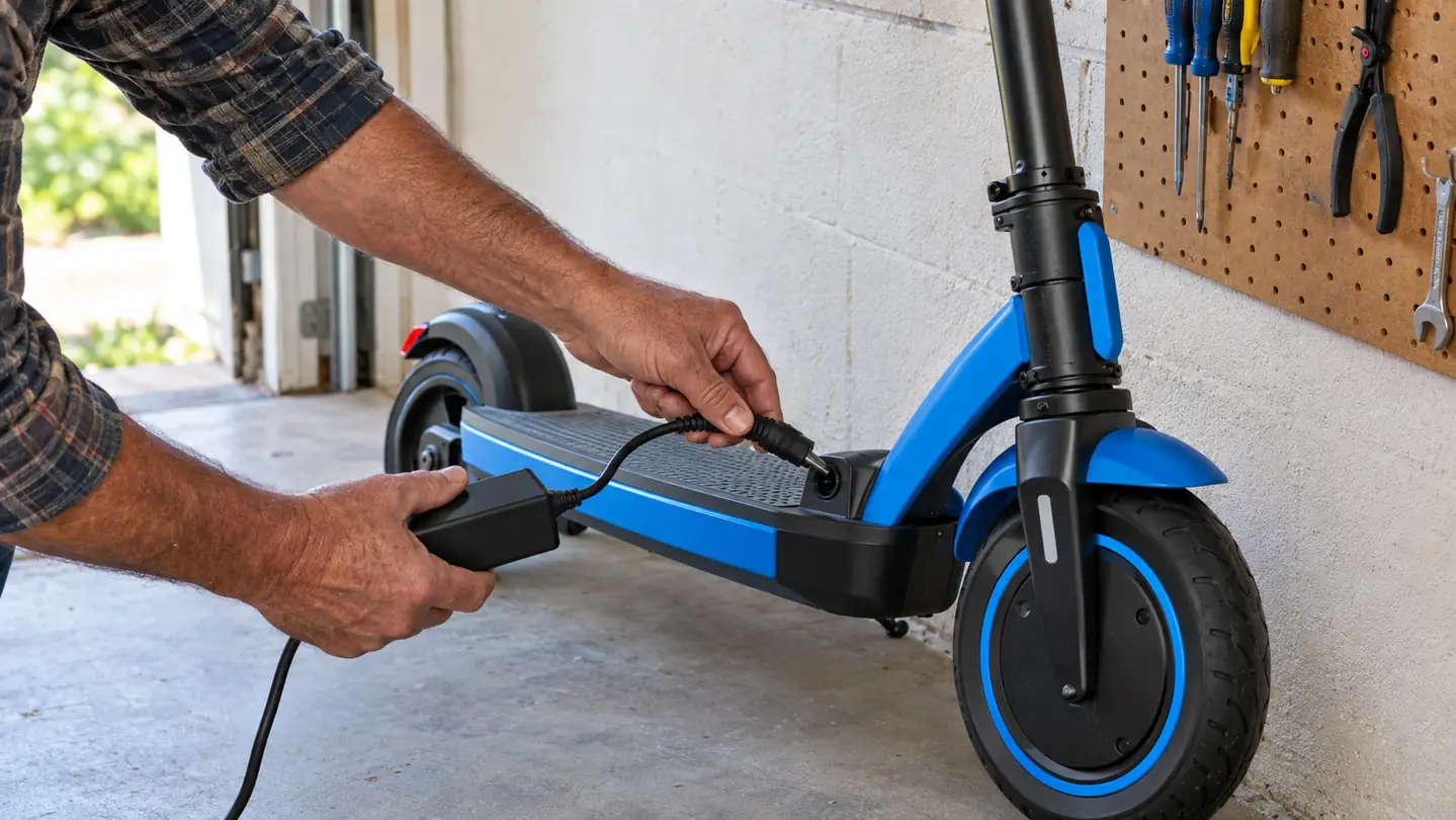 An adult charging a kids electric scooter against a garage wall