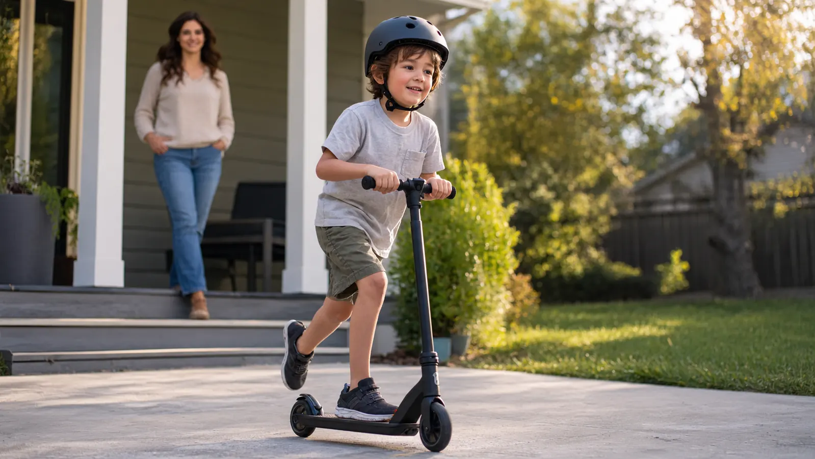 A child in a helmet riding an electric scooter on a concrete pad while a parent watches from a porch