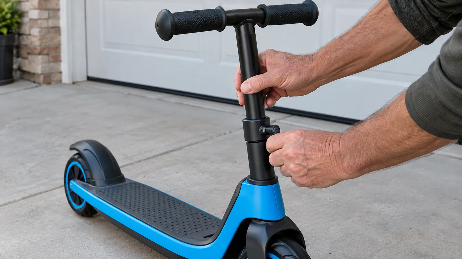 An adult tightening the handlebar on a kids electric scooter on a concrete pad