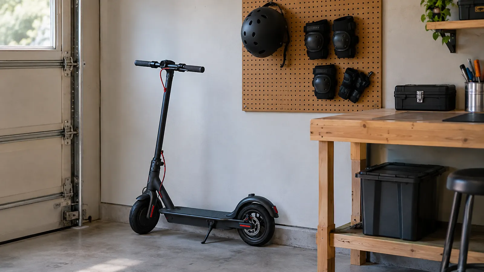 A kids electric scooter parked against a garage wall near a pegboard with helmets and pads