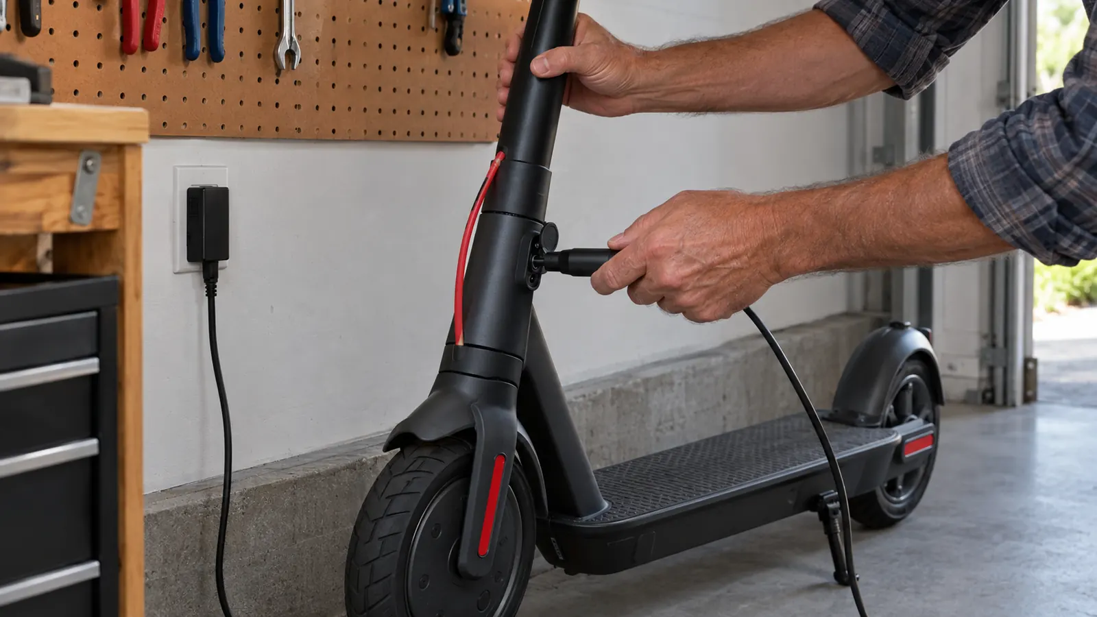 An adult charging a kids electric scooter against a garage wall