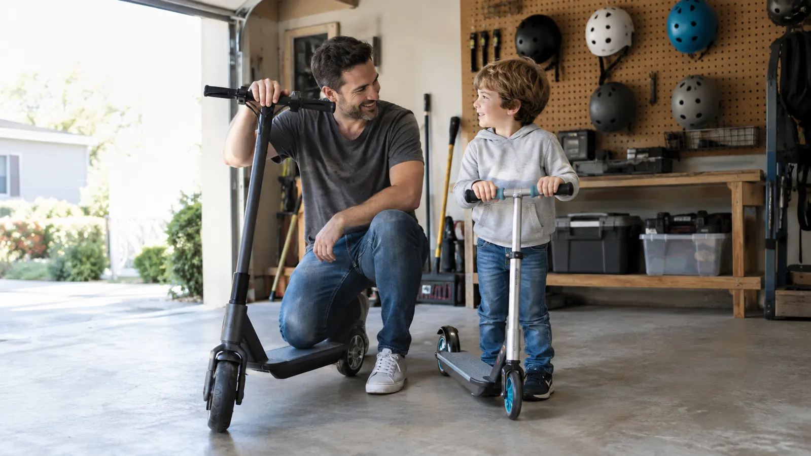 a parent and a child standing next to an electric scooter and a kick scooter in a garage