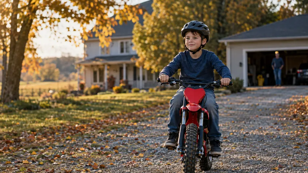 A boy in a helmet riding a small electric dirt bike along a gravel driveway on a fall afternoon