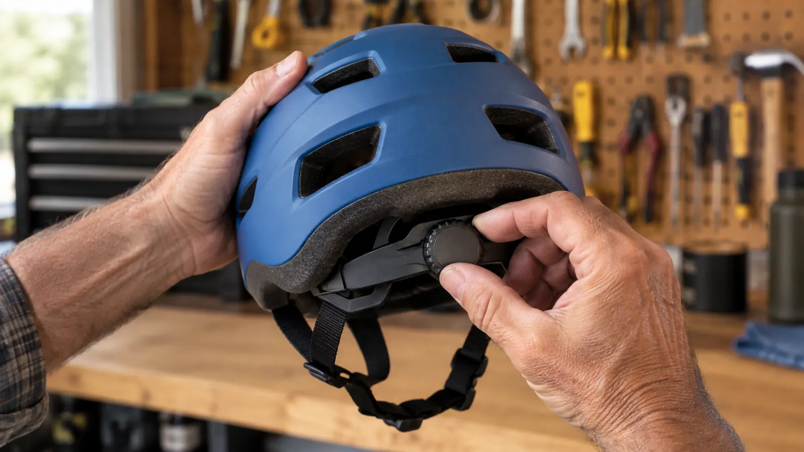 An adult turning the fit dial on the back of a kids multi-sport helmet