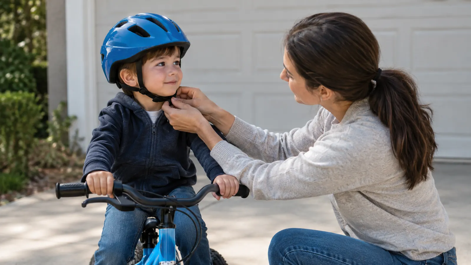 A child sitting on a bike with a parent checking that the helmet strap sits snugly under the chin
