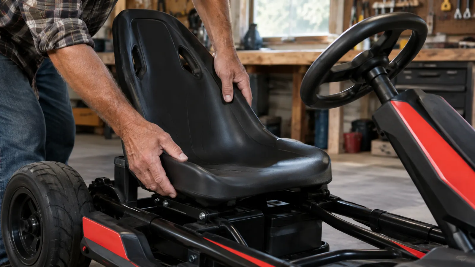 A parent's hands adjusting the seat position on an electric go kart in a garage