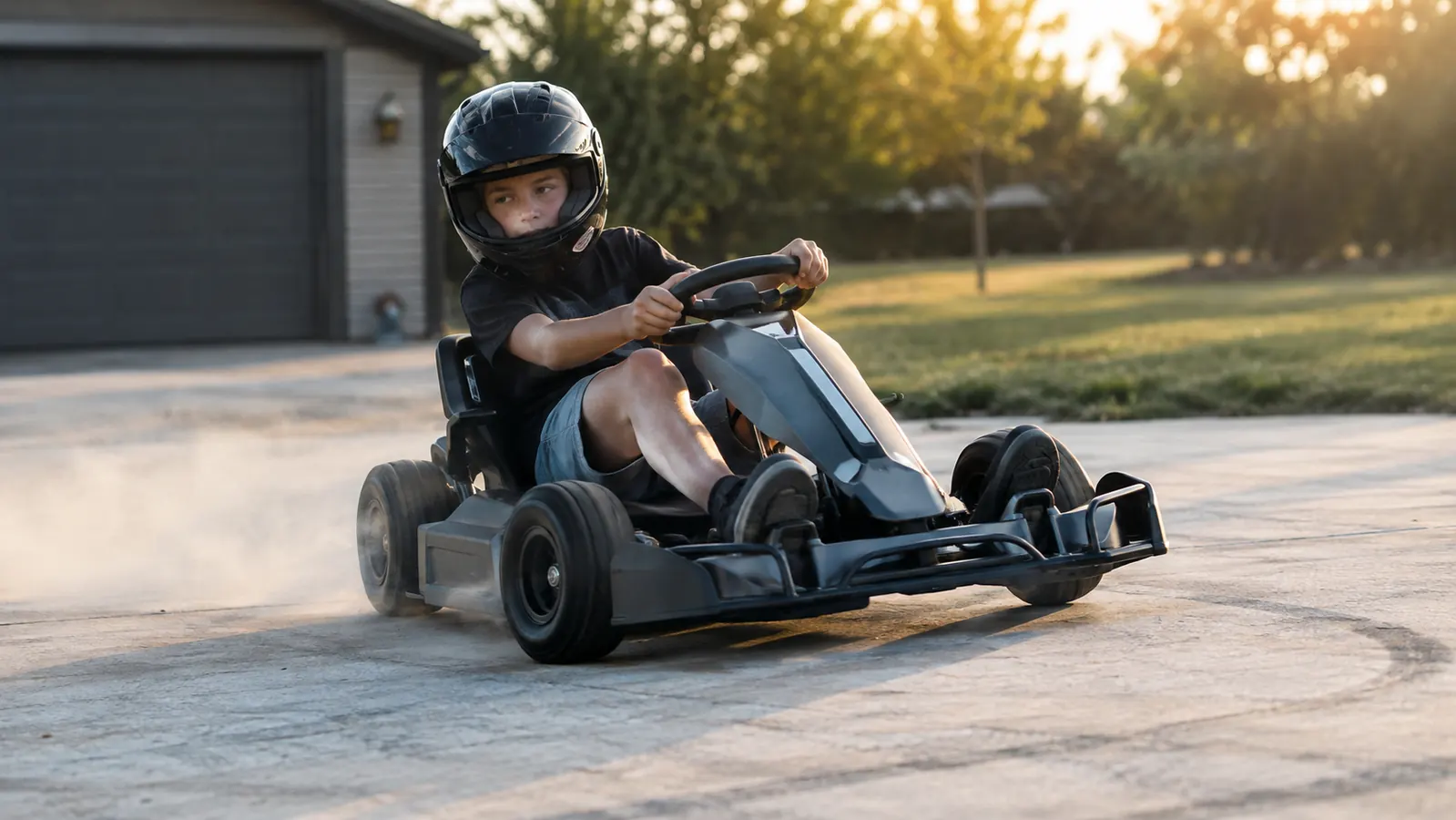A child in a helmet drifting an electric go kart in a wide arc on a smooth concrete pad, kicking up light dust