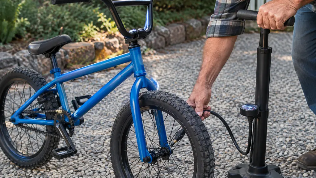 An adult pumping up the tires on a kids BMX bike on a gravel driveway