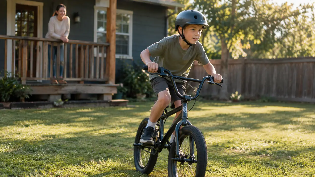 A child riding a 20-inch BMX bike on a flat grass back yard with a parent watching from a porch