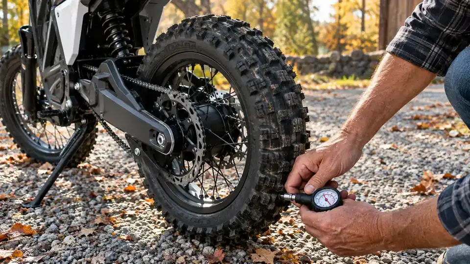 An adult checking the tire pressure on an electric dirt bike parked on a gravel driveway
