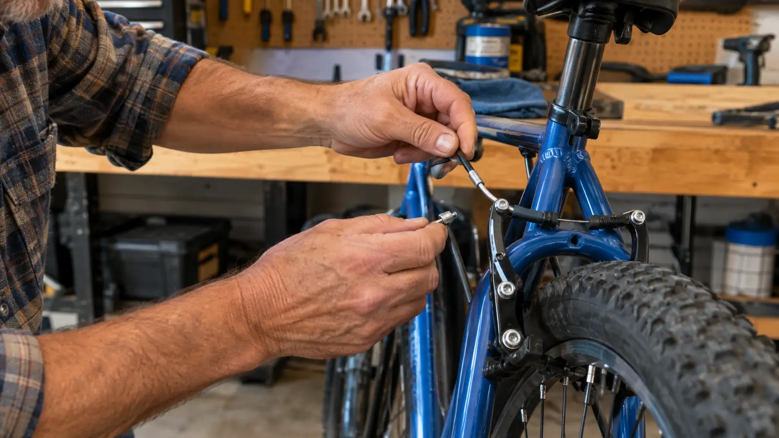 A parent's hands adjusting the brake cable on a BMX bike in a garage
