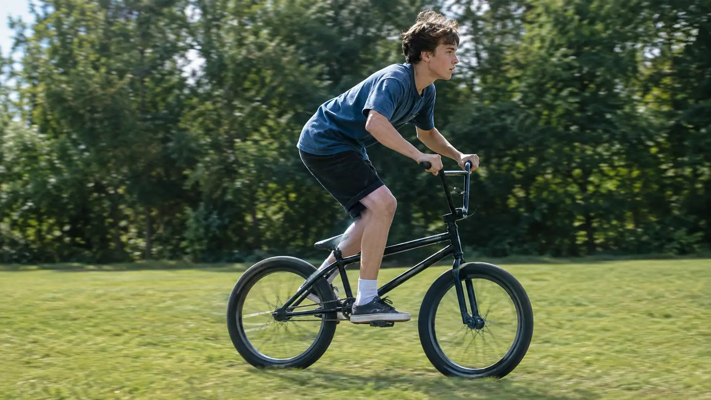 A boy riding a BMX bike on a flat grass yard with a tree line behind him