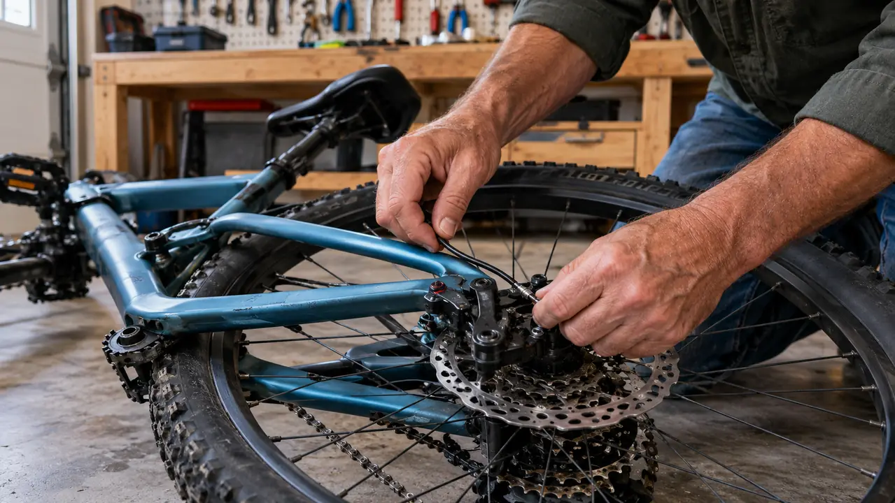 A parent's hands adjusting the brake cable on a 20-inch BMX bike in a garage