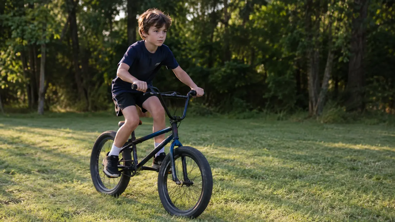 A boy riding a BMX bike on a flat grass back yard beside a tree line, late afternoon