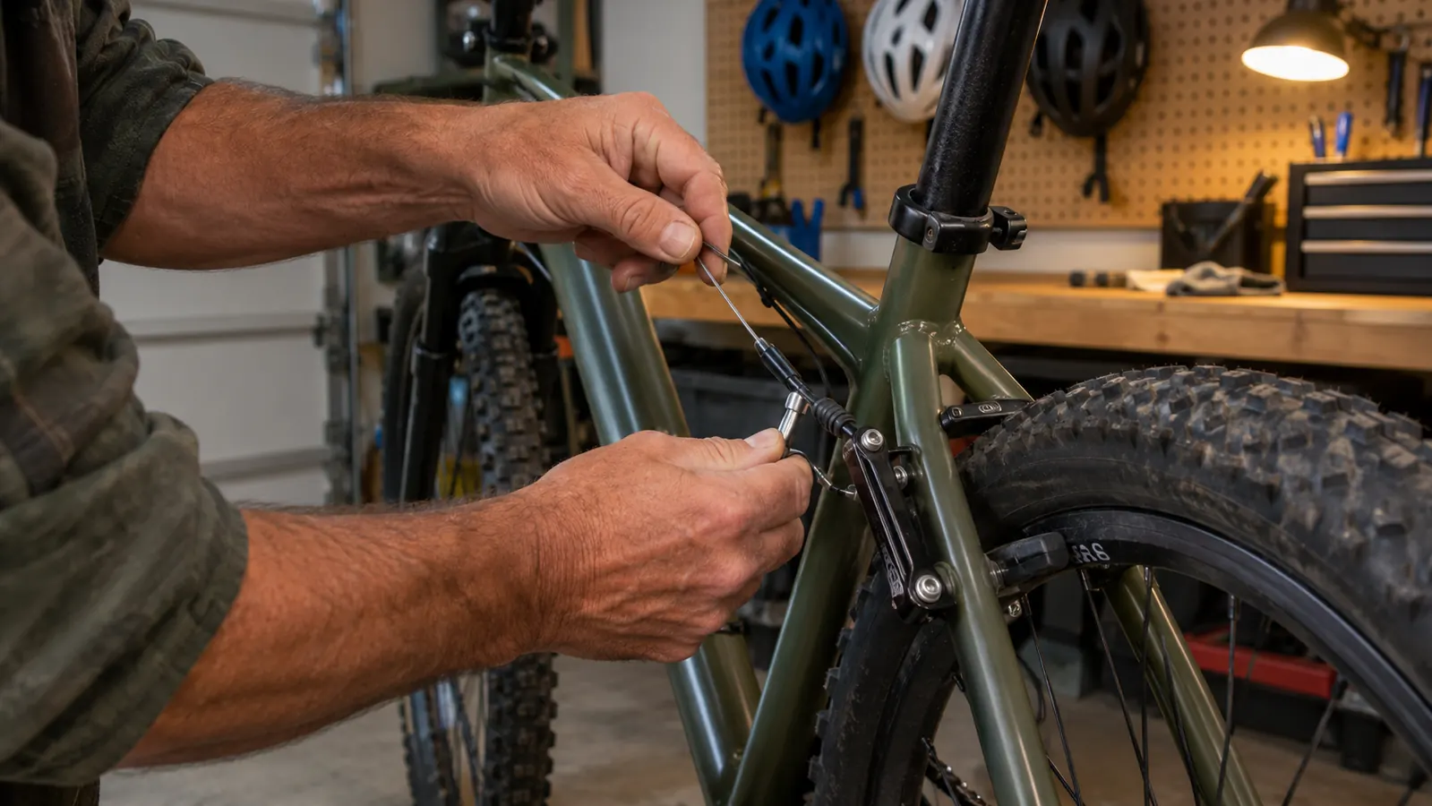 A parent's hands adjusting the brake cable on a 20-inch BMX bike in a garage