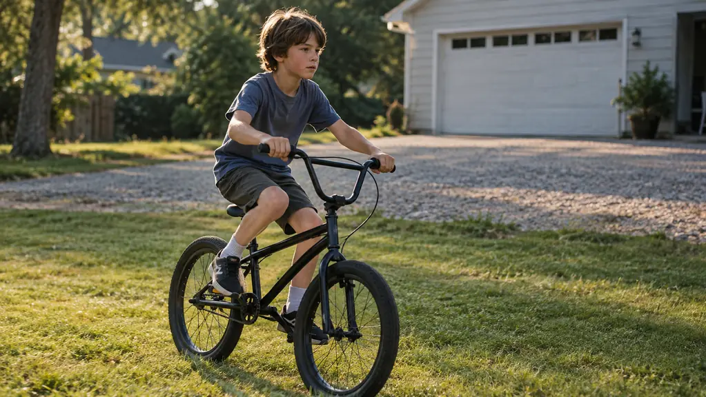 A boy riding a 20-inch BMX bike across a flat grass back yard with a gravel driveway in the background