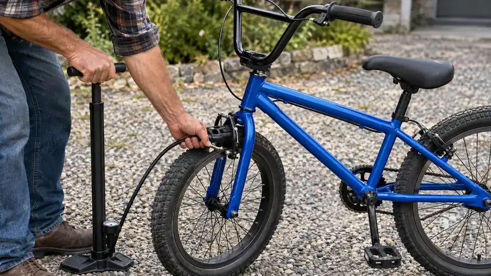 An adult pumping up the tires on a kids BMX bike on a gravel driveway