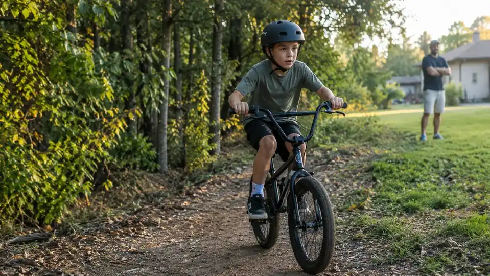 A child in a helmet riding a BMX bike along a dirt trail beside a tree line, with a parent watching from the edge of a yard