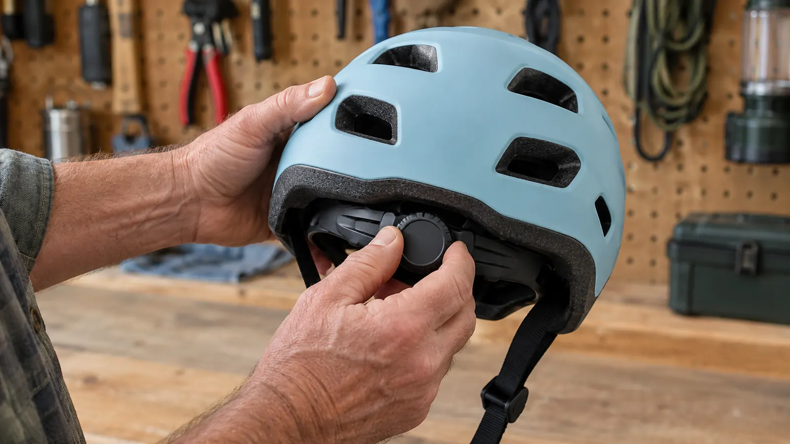 An adult turning the fit dial on the back of a kids multi-sport helmet