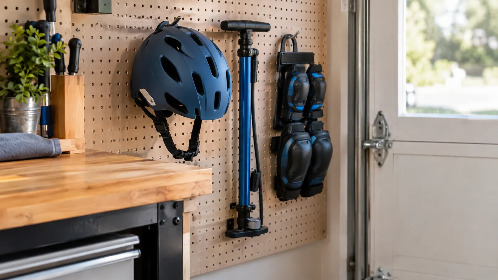 A helmet hanging on a pegboard by a garage door next to a small pump and a set of pads