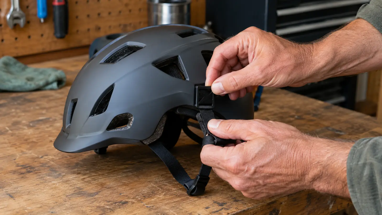 An adult adjusting the side straps on a kids helmet on a workbench