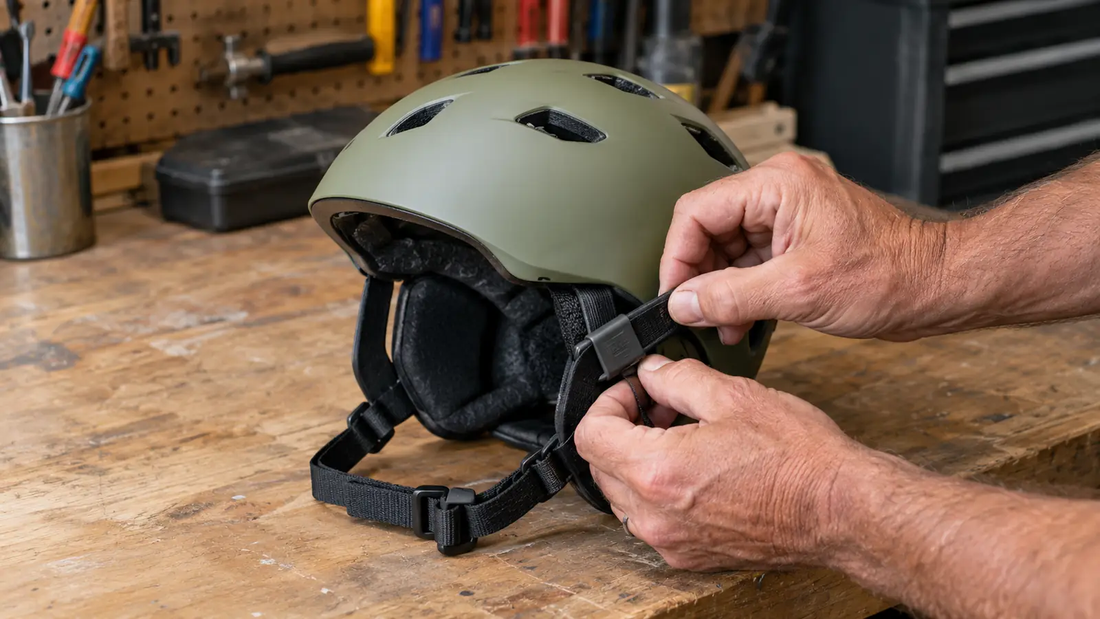 A kids multi-sport helmet being lifted off a pegboard hook in a garage