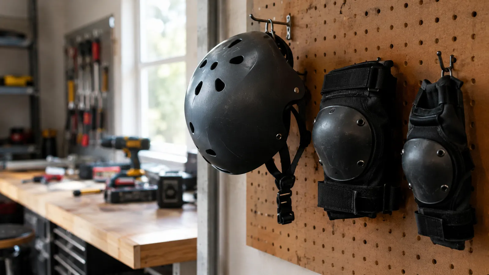 A multi-sport helmet hanging on a pegboard hook in a garage next to knee and elbow pads