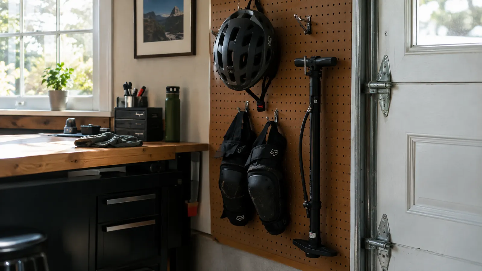 A helmet hangs on a pegboard by the garage door beside knee pads and a bike pump.