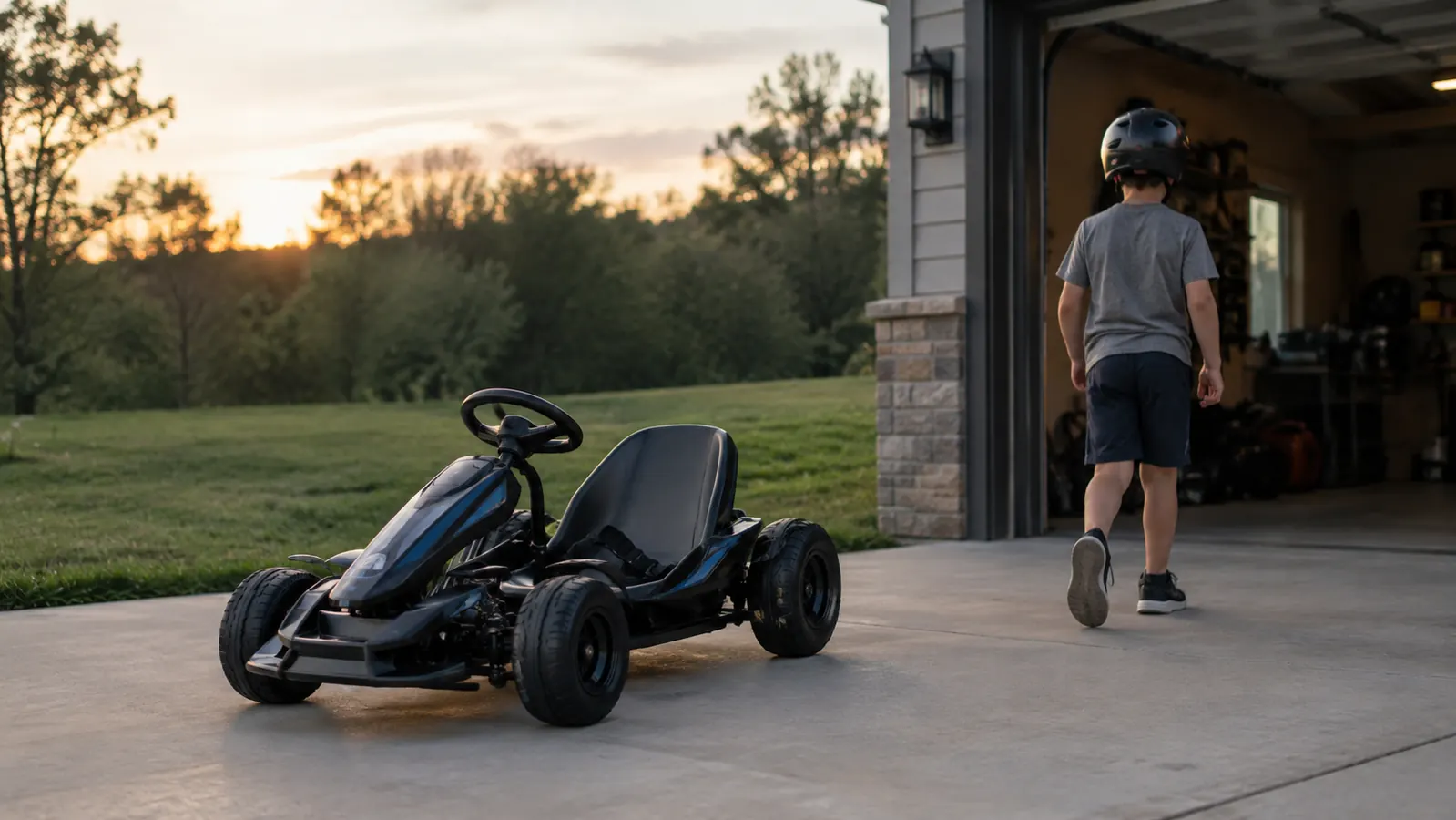 A boy in a helmet walking back toward the garage as the electric go kart waits at the edge of the concrete pad.