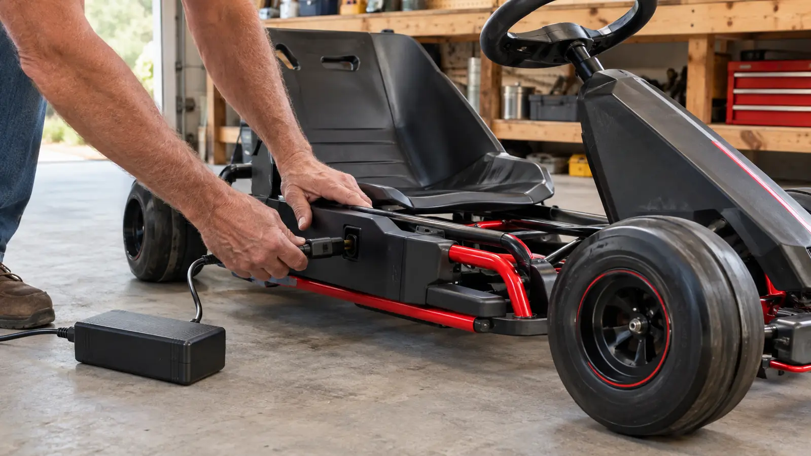 An adult connecting the charger to an electric go kart on a garage floor