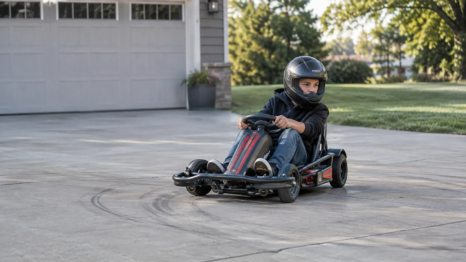 A child in a helmet riding an electric drifting go kart in a wide arc on a smooth concrete pad, leaving light tire marks, with a garage and lawn in the background