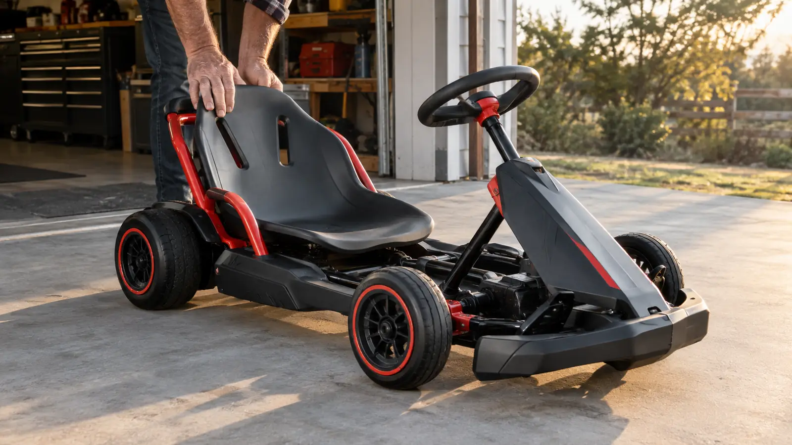 An electric drifting go kart parked on a smooth concrete pad in front of a garage