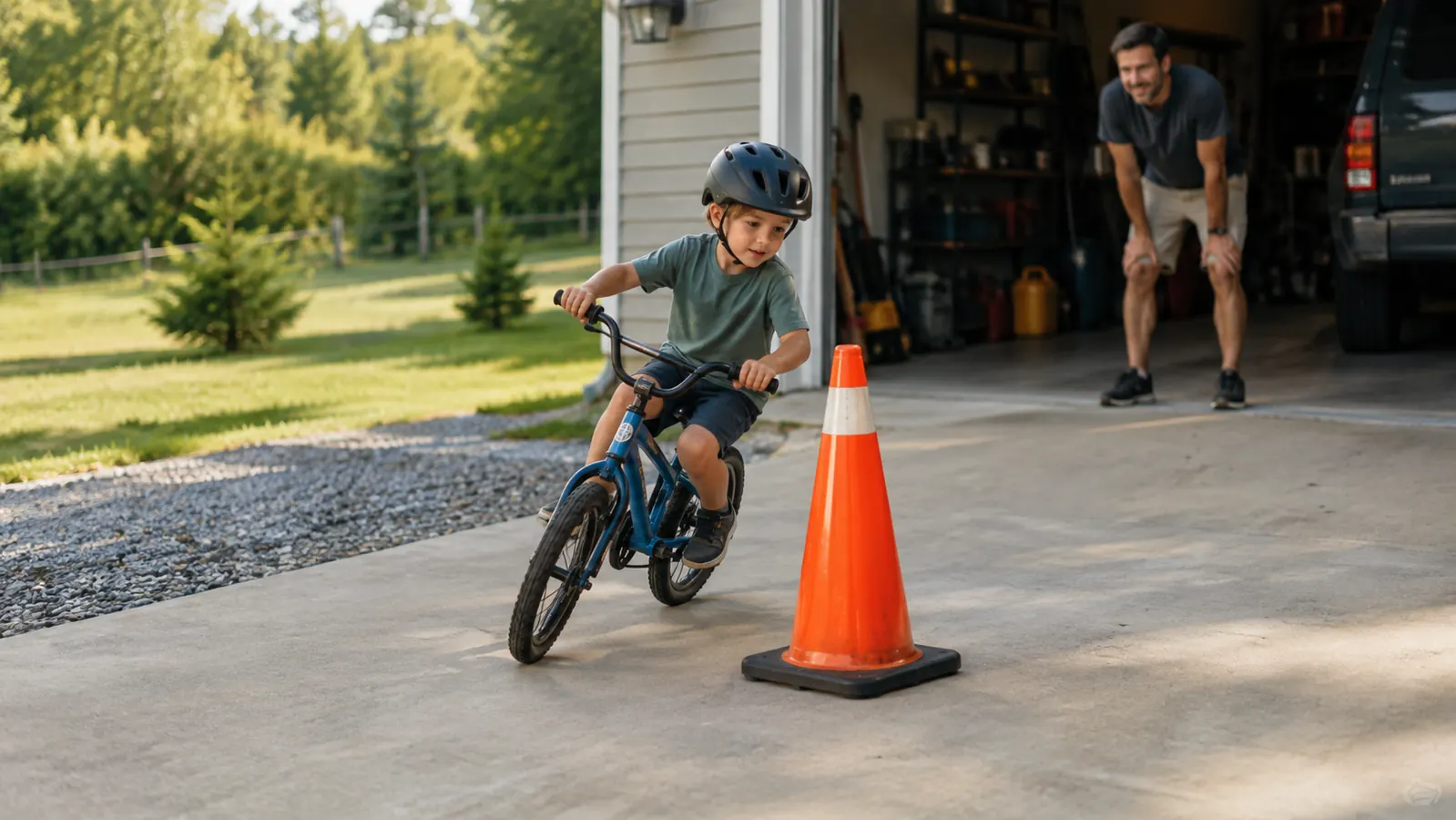 A child circling a small cone on a concrete pad while a parent watches from the garage