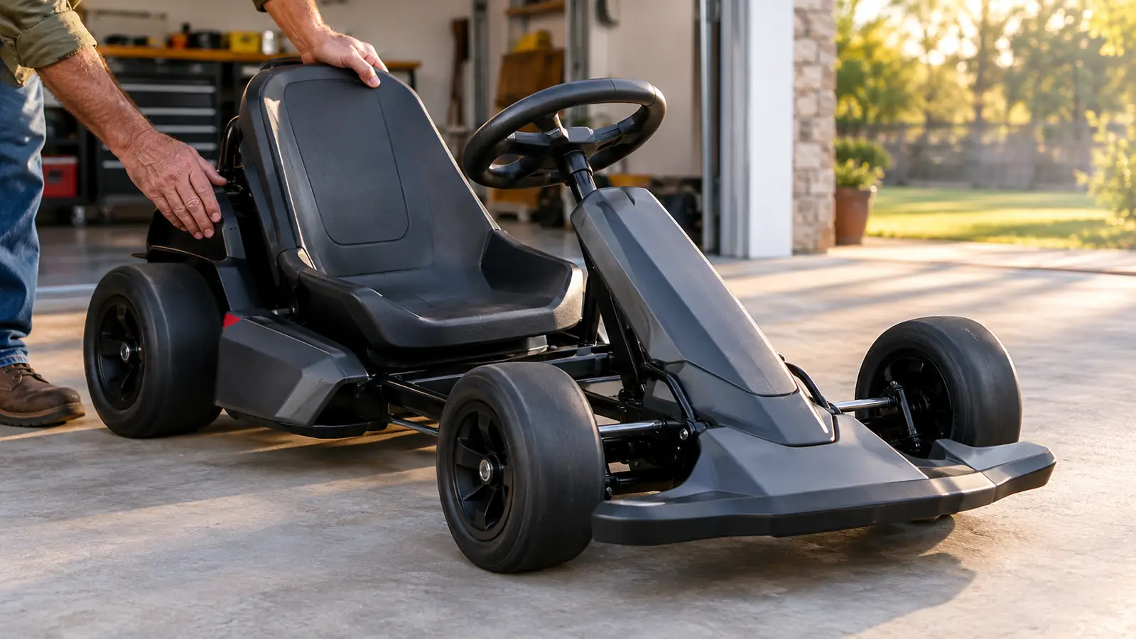 An electric drifting go kart parked on a smooth concrete pad in front of a garage