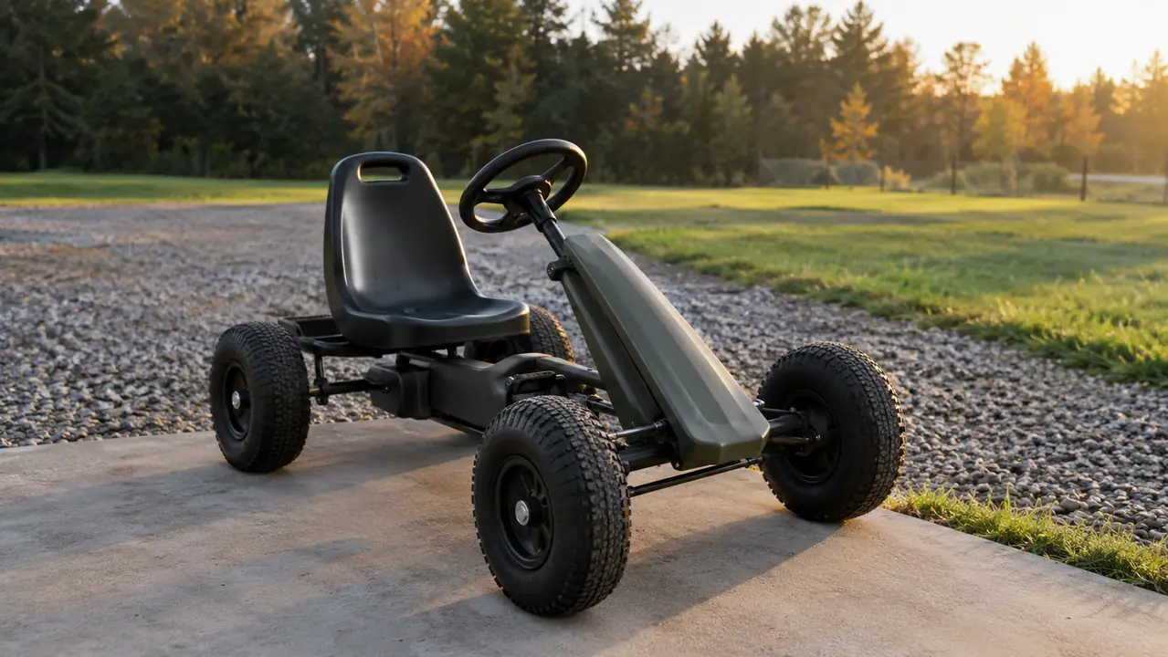 A ride-on go kart parked on a concrete pad beside a gravel driveway, with a grass yard and tree line behind it