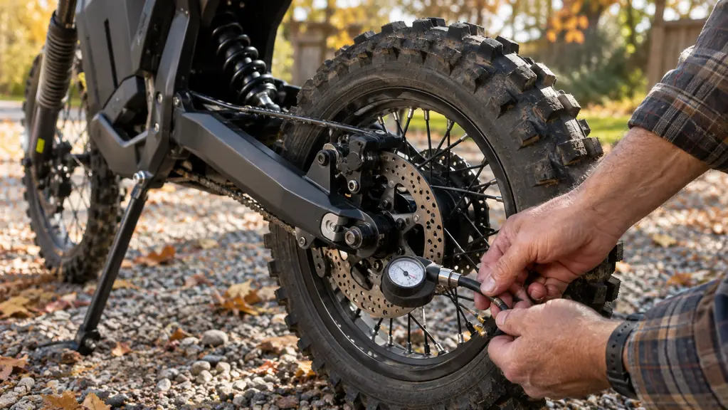 An adult checking the tire pressure on an electric dirt bike parked on a gravel driveway