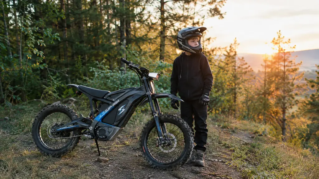 An electric dirt bike resting beside a dirt trail at the edge of a treeline, a child in a helmet standing nearby