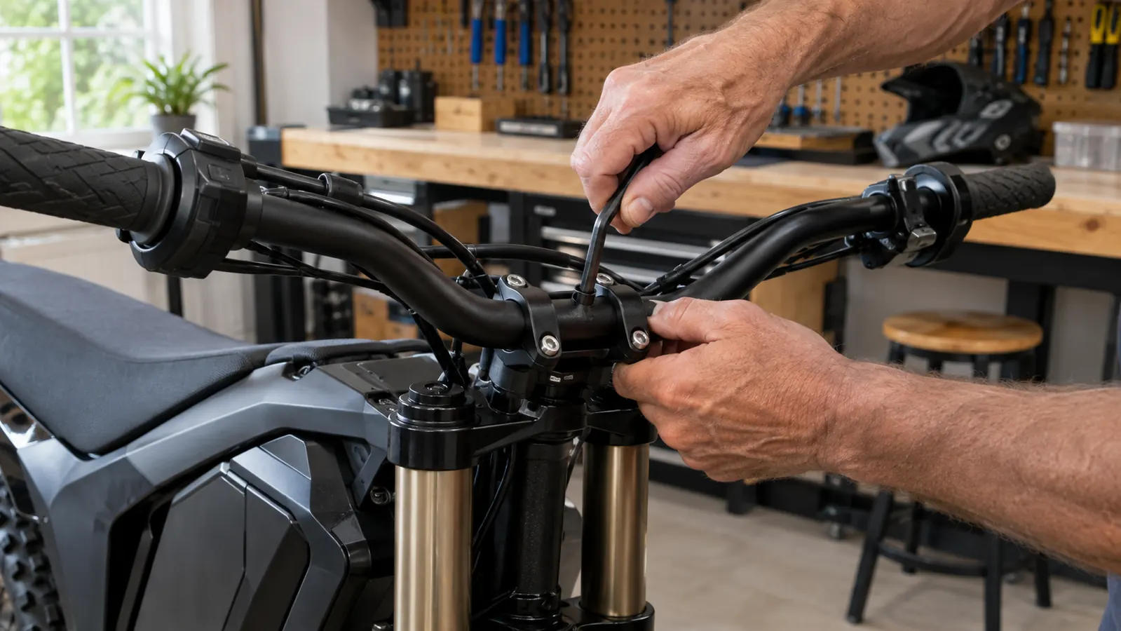 An adult tightening the handlebar clamp on an electric dirt bike in a home garage