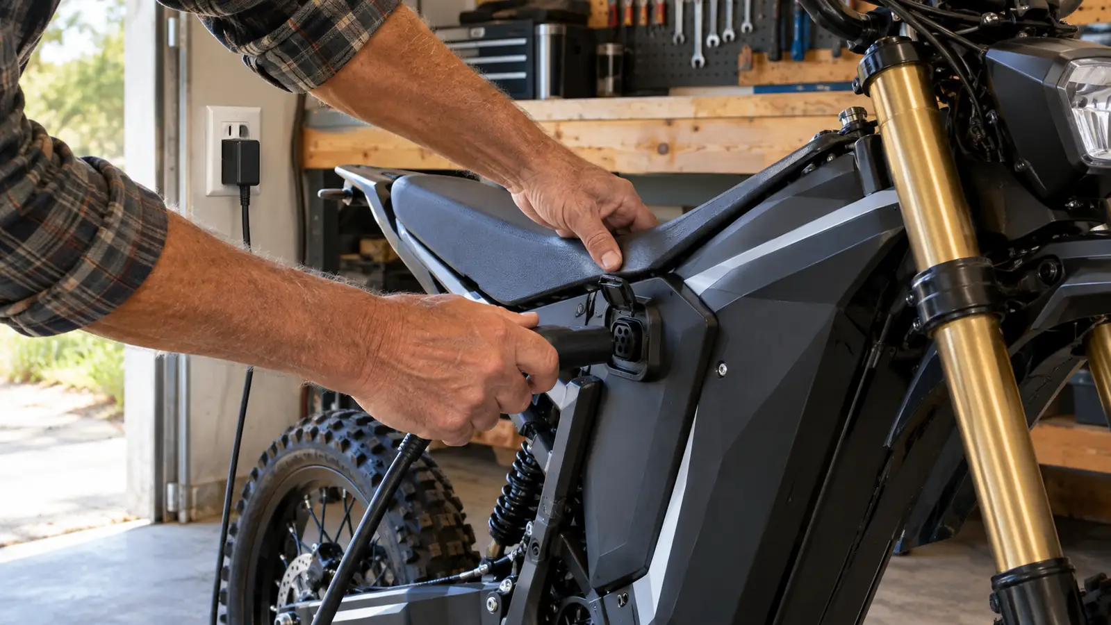 An adult plugging the charger into an electric dirt bike beside a garage workbench