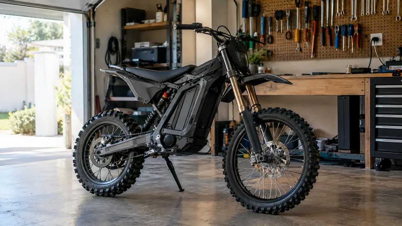 An electric dirt bike parked in a garage next to a workbench and a wall outlet