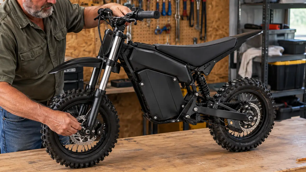 A parent's hands checking the handlebars and front wheel of an electric dirt bike on a garage workbench