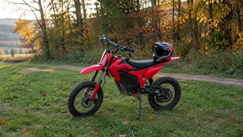An electric dirt bike parked in a grass yard beside a dirt trail, a helmet on the seat